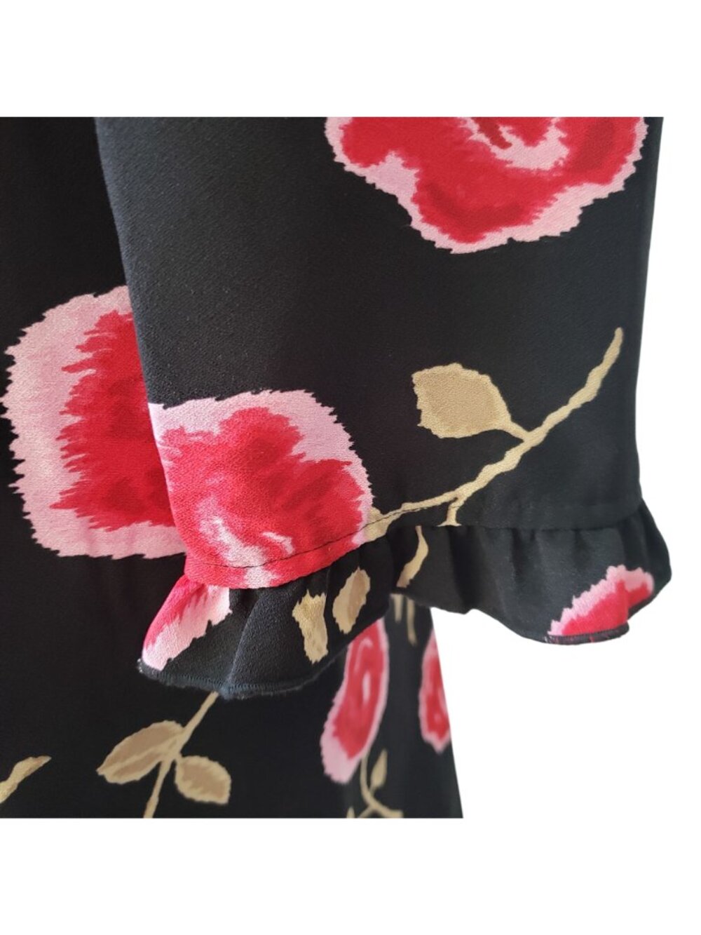Kate Spade Black Pink Rose Floral Midi Ruffle Hem Dress Modest Career Feminine - Picture 9 of 14